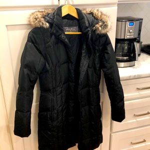 Mid-thigh length Down coat; women’s small; detachable hood and “fur”
